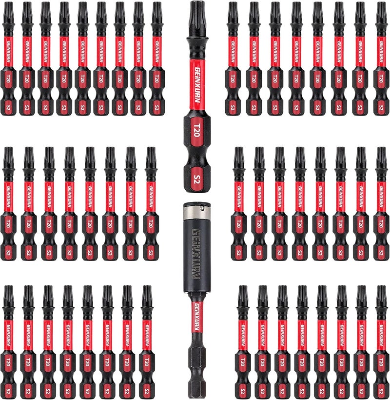 GEINXURN 50 Pieces T20 2 In. Impact Tough Magnetic #20 Torx Head Power Bits, S2 Alloy Steel T20 Screwdriver Bits Set with 1Pcs Impact Bit Holder - Image 1